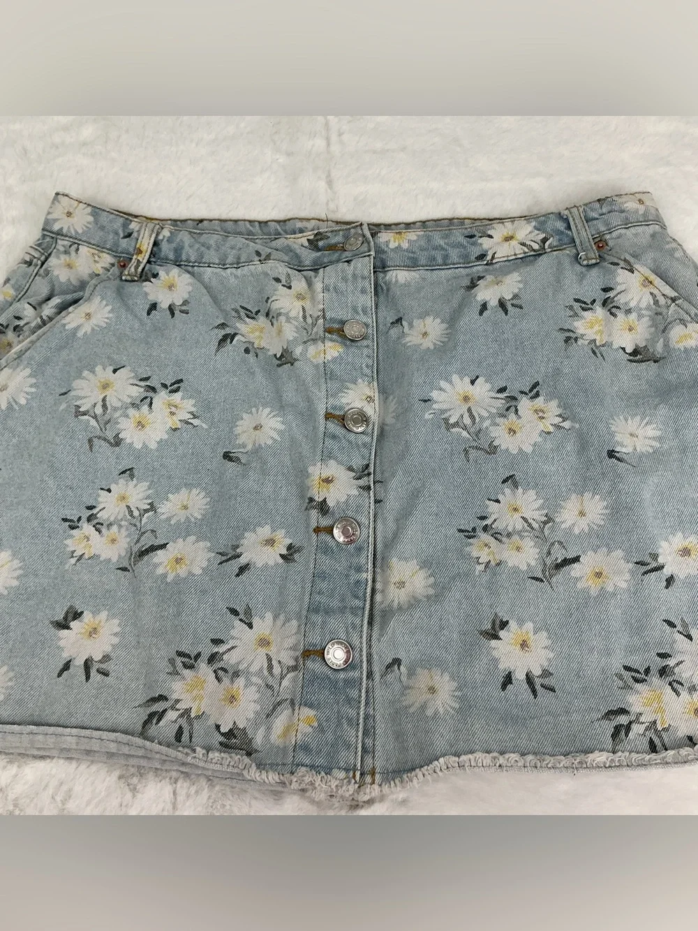 Floral Button Front Denim Skirt - Light Blue